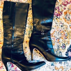 Faconnable Black Leather Knee-High Heeled Boots